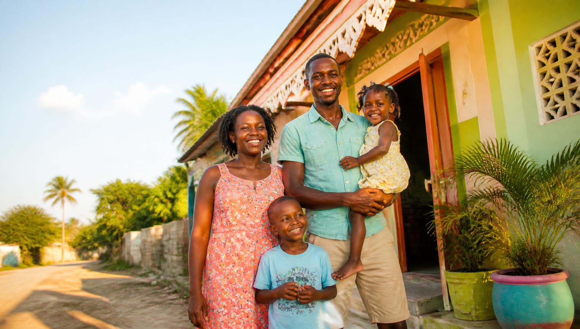 Happy Haitian family in front of their new rented home